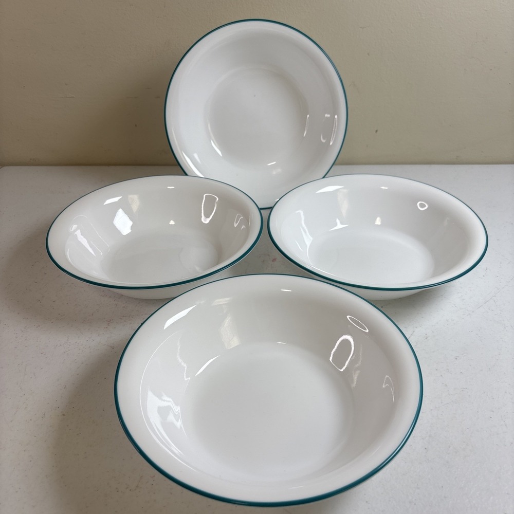 Corelle STROKES OF COLOR Cereal Bowls 7.25" White W/Turquoise Band 4Pc
